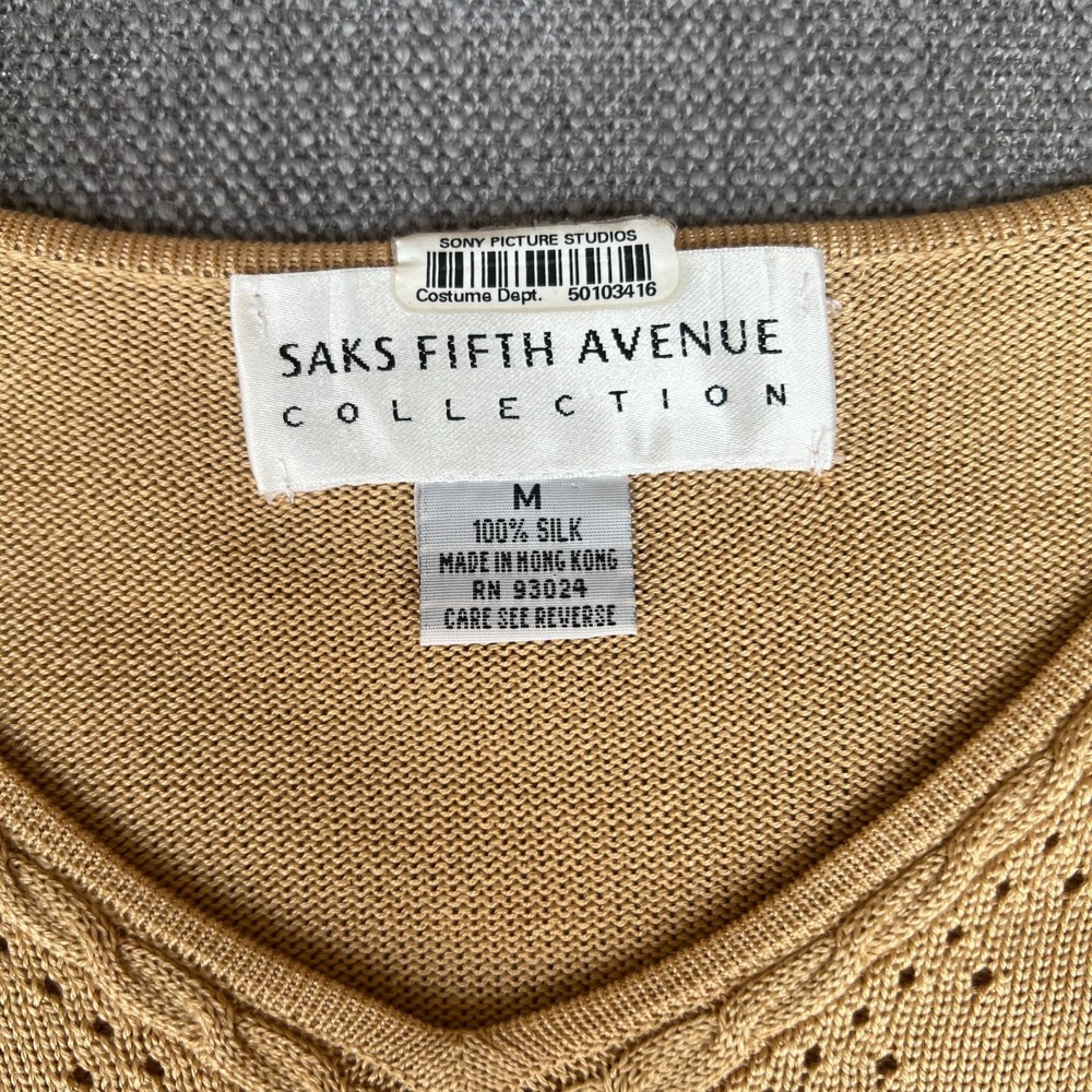 Saks Fifth Avenue Collection Knit Top Women Medium Gold Silk Short Sleeve V-Neck - Picture 7 of 8